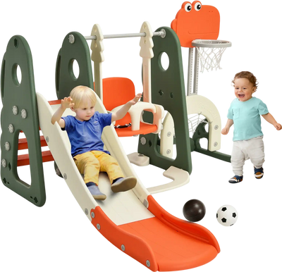 Costway 6-in-1 Toddler Slide & Swing Set w/ Ball Games Orange 85921764 New