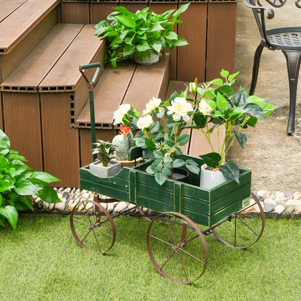 Wooden Wagon Plant Bed With Wheel for Garden Yard-Green - Gallery View 1 of 12