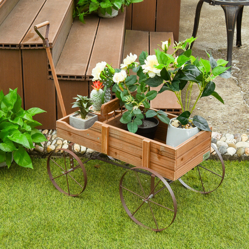 Wooden Wagon Plant Bed With Wheel for Garden Yard-Brown - Gallery View 1 of 11