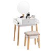 Wooden makeup dressing table set with round mirror, drawer, and cushioned stool, perfect for organizing cosmetics.