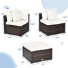 L-shaped corner sofa and ottoman from a 4-piece rattan wicker furniture set, ideal for outdoor patio relaxation.