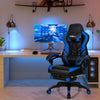 Adjustable gaming chair in blue with footrest, ergonomic design, and 360-degree swivel for home office comfort.