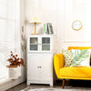 White bathroom floor storage locker with tempered glass doors and adjustable shelf, perfect for organizing various.