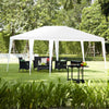 White 10 x 20 feet canopy tent with six sidewalls, ideal for outdoor parties and events, featuring a sturdy steel frame.