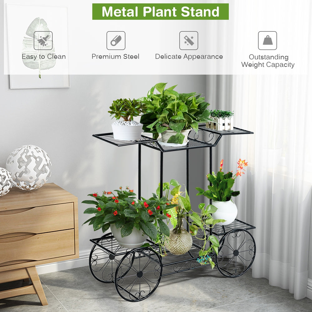6-tier metal plant stand in garden cart shape, featuring a rust-free finish, ideal for indoor and outdoor plant display.