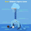 3-in-1 kids sports center in blue featuring adjustable basketball hoop, soccer goal, and golf gate for outdoor fun.