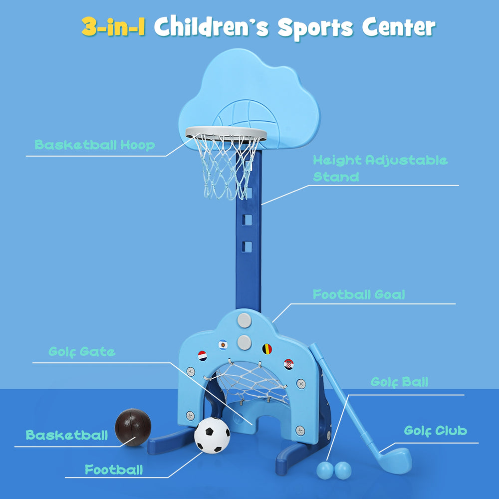 3-in-1 kids sports center in blue featuring adjustable basketball hoop, soccer goal, and golf gate for outdoor fun.