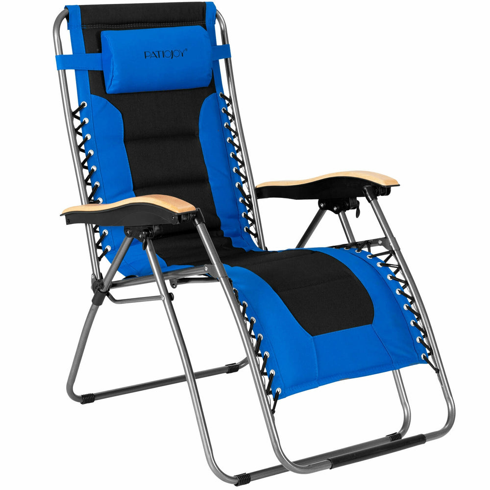 Oversize blue zero gravity lounge chair with adjustable reclining angle, padded seat, and curved wood armrests for.