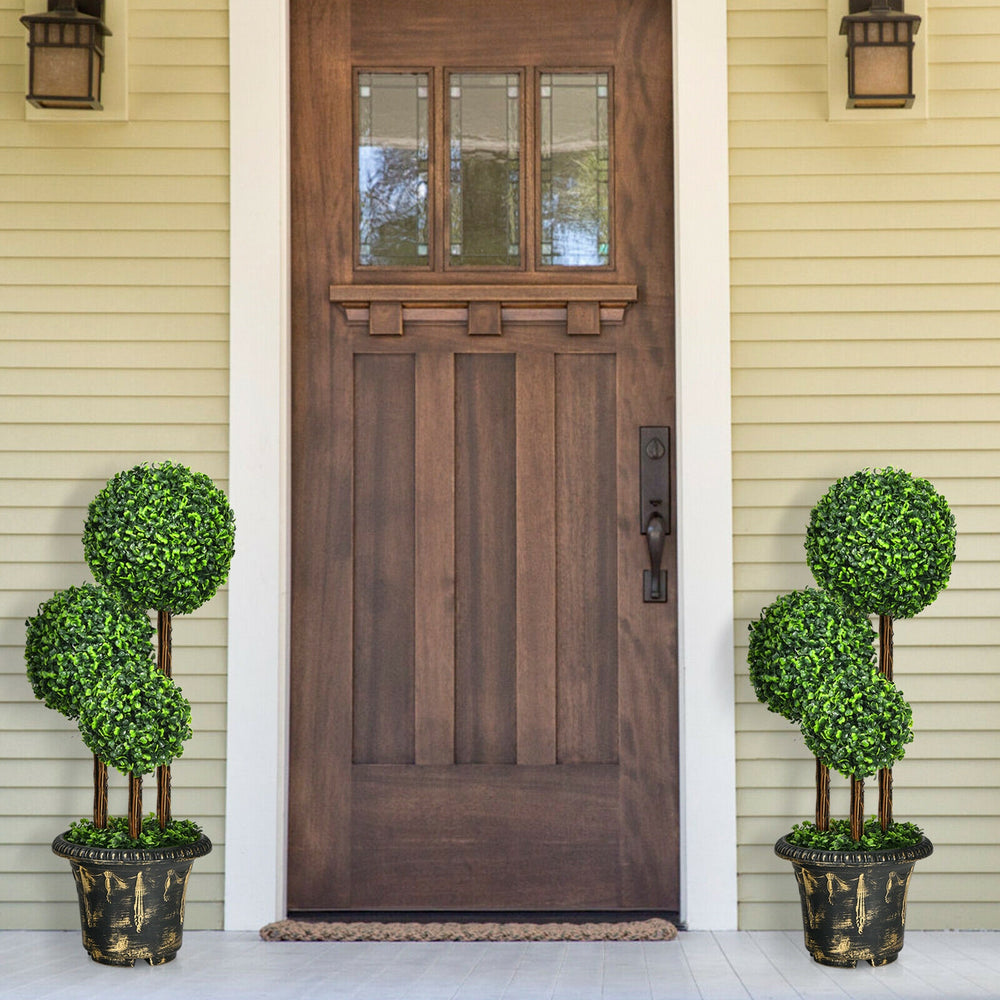 36-inch artificial topiary triple ball tree with realistic leaves and cement-filled pot, perfect for outdoor entryway.