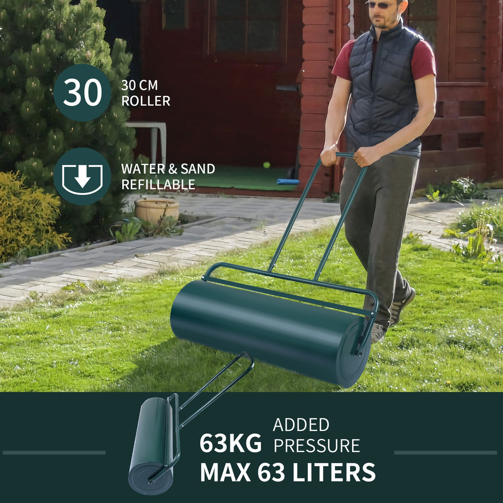 Lawn roller with U-shaped handle, 36 x 12 inches, water-filled, for leveling gardens and patios, lightweight steel.