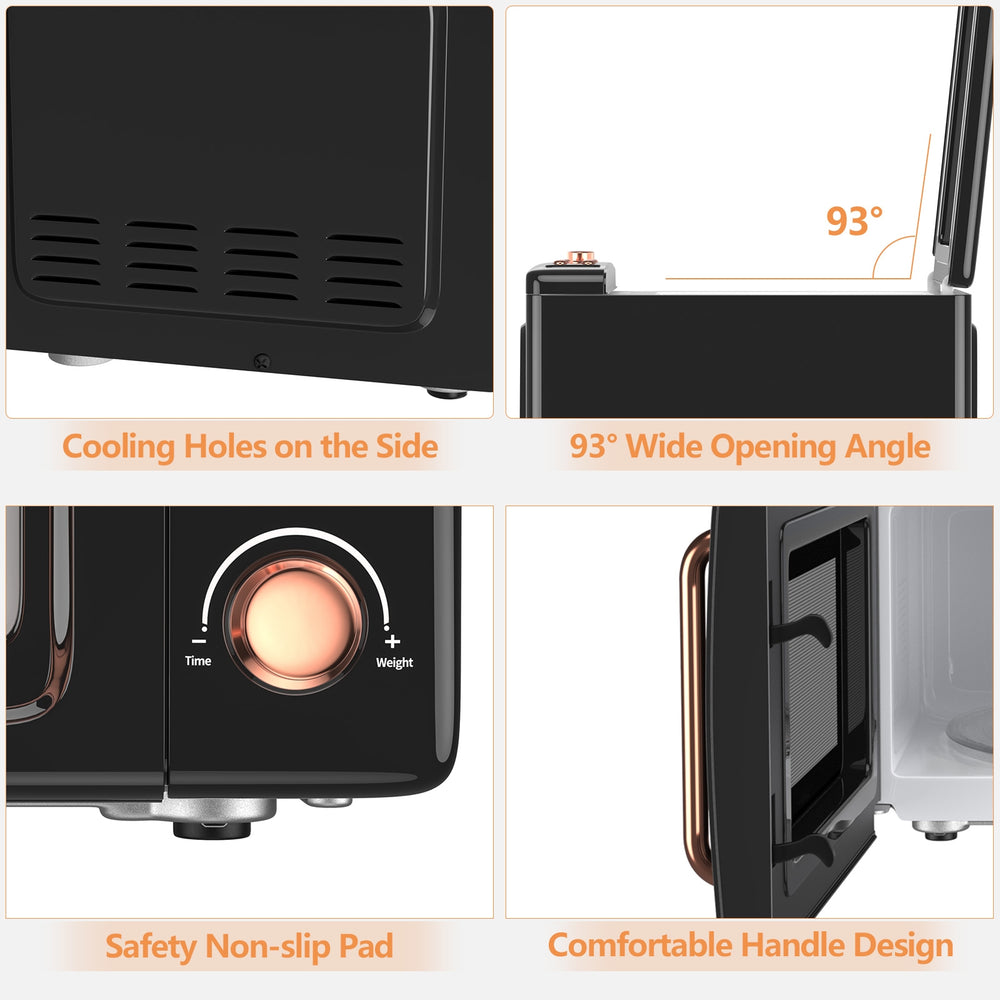 Retro 700W countertop microwave oven with 93° opening angle, safety non-slip pad, and easy-to-use control panel.