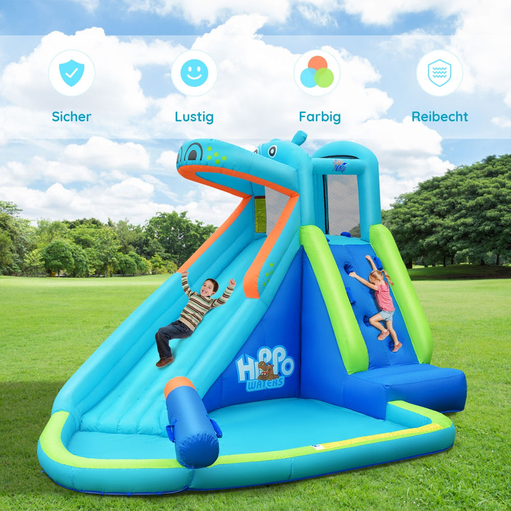 Inflatable hippo water pool with splash slide, featuring climbing wall and water cannon for summer fun and safety.