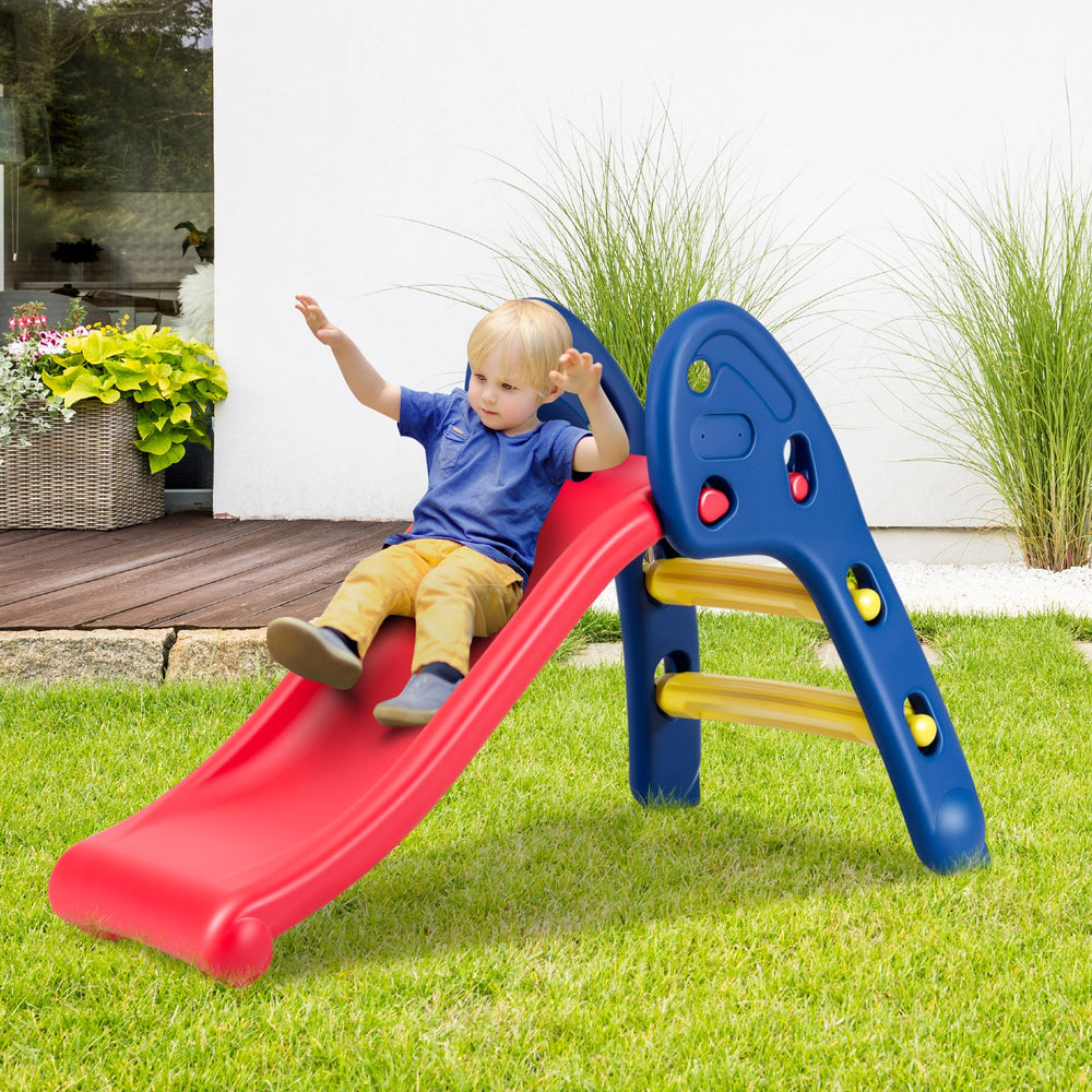Children's folding plastic slide with easy climb steps and smooth slide, designed for safety and stability in outdoor.