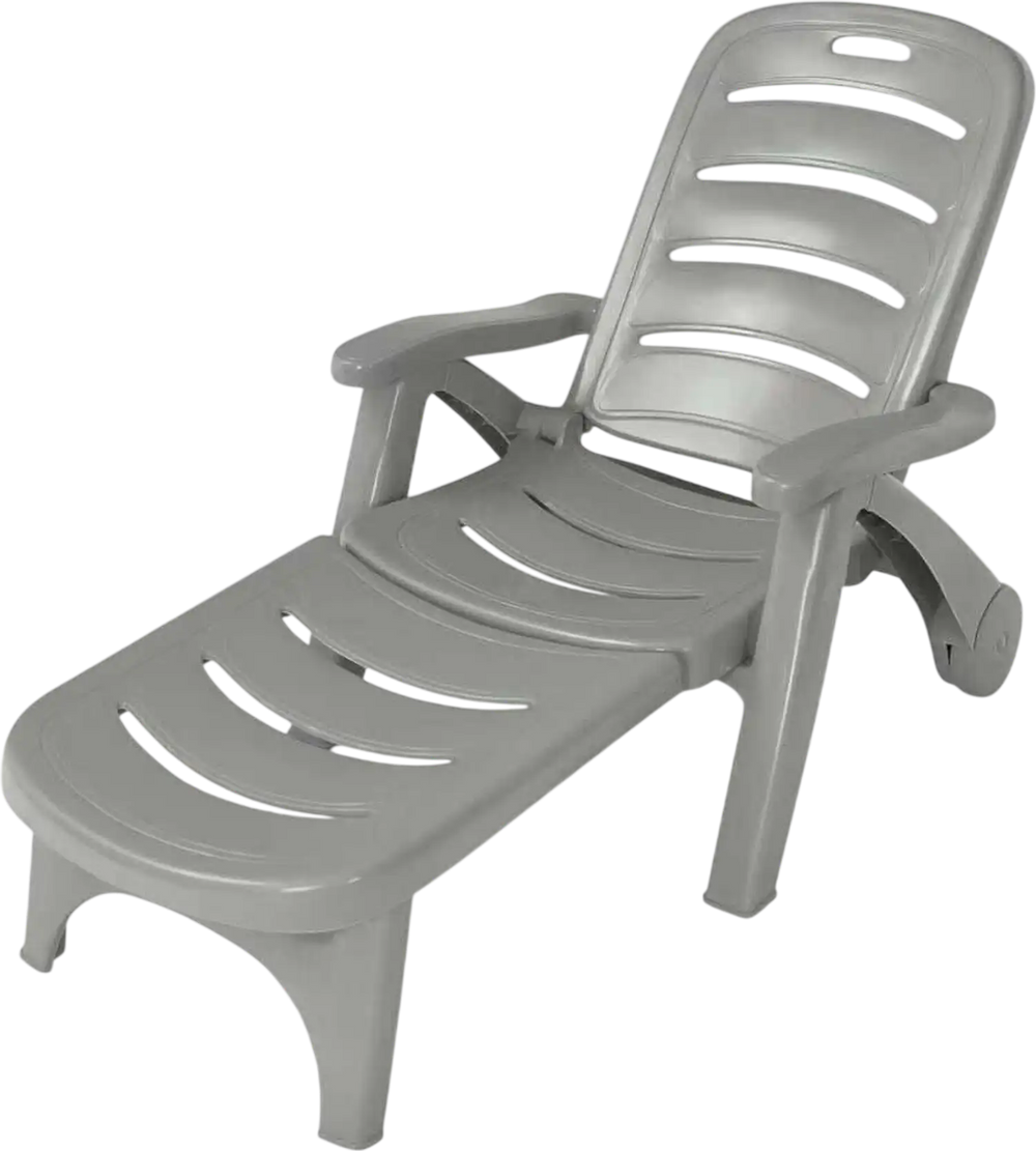 Gray 5-position adjustable folding lounger chaise chair with armrests and wheels, ideal for outdoor relaxation.