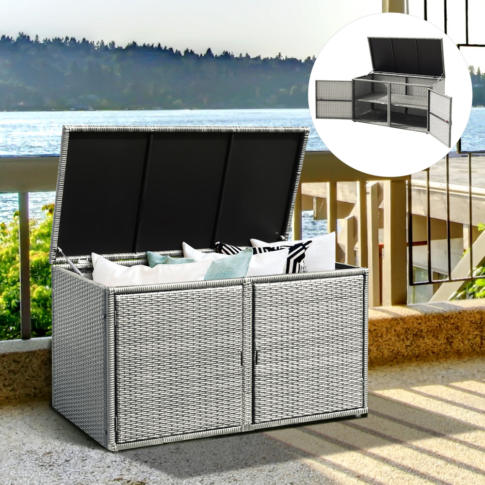 Rattan storage container box with 88-gallon capacity, featuring a sturdy steel frame, ideal for outdoor patio use.