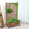 Wood planter box with trellis for climbing plants, made of fir wood, featuring wheels for easy mobility and drainage.