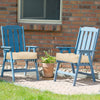 Beige 21-inch patio chair seat cushions on blue chairs, ideal for outdoor comfort and easy maintenance.