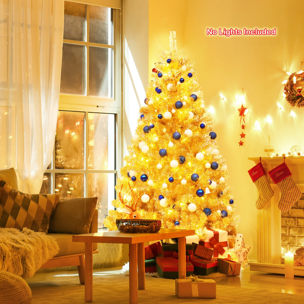 Champagne gold 6 ft artificial tinsel Christmas tree with hinged design, perfect for indoor and outdoor holiday.