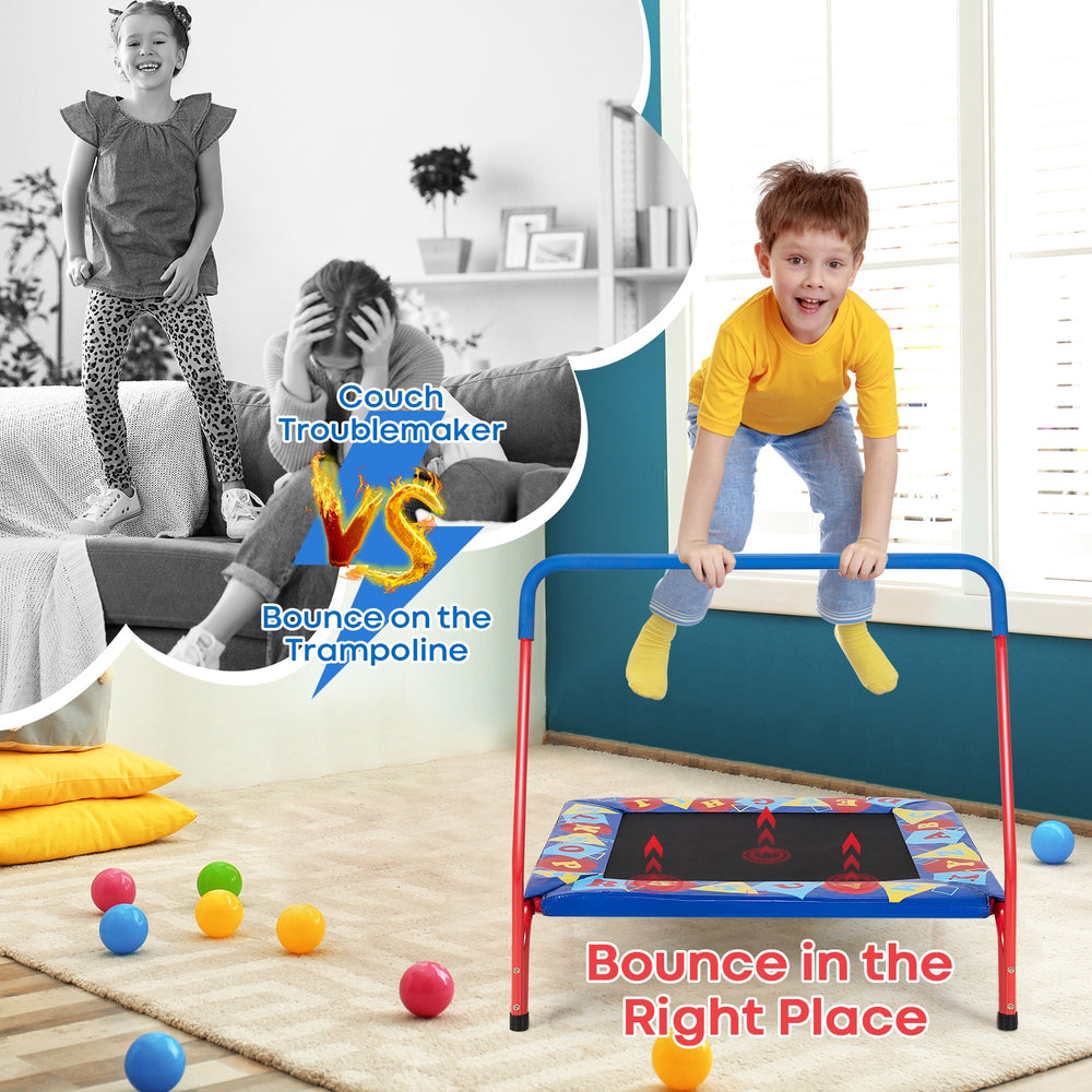 Kids 36" square trampoline with foamed handrail, designed for safety and fun, perfect for indoor and outdoor play.