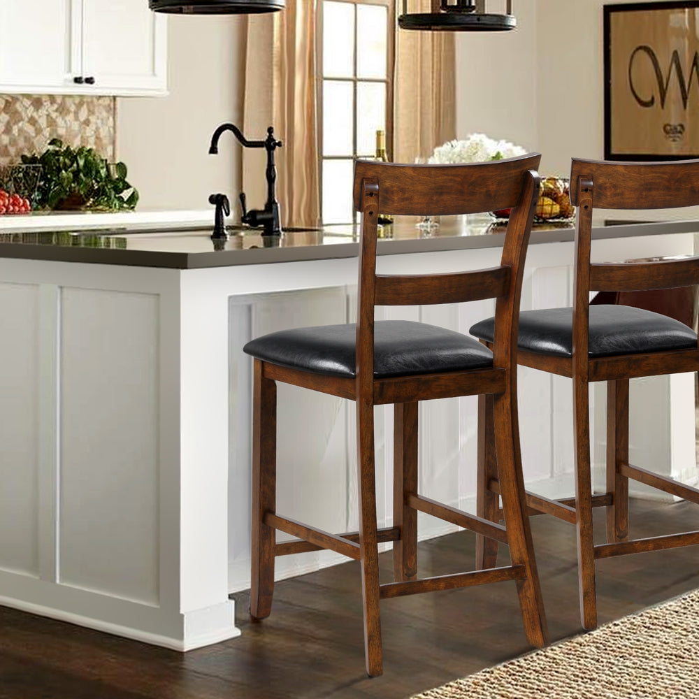 Counter height chair set with leather seat and rubber wood legs, featuring a vintage design for elegant kitchen decor.