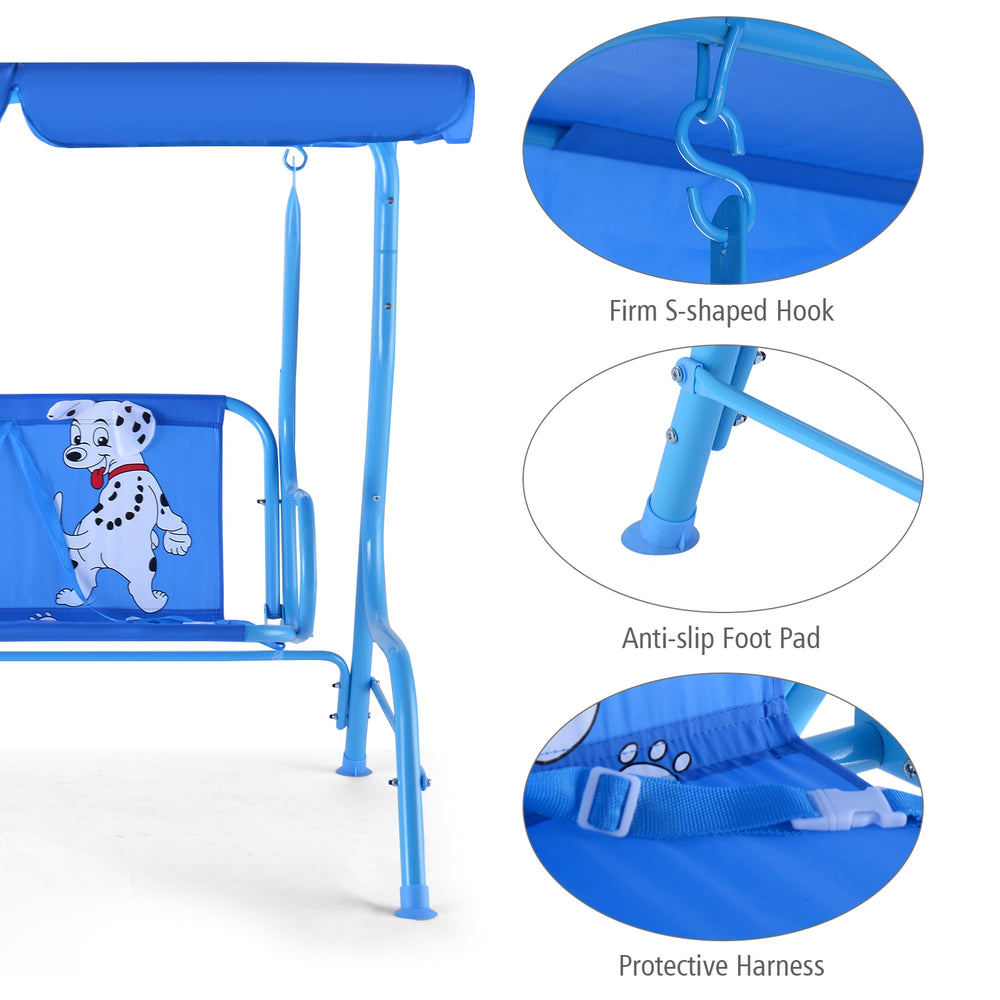 Close-up of the Outdoor Kids Patio Swing Bench showing the protective harness and firm S-shaped hook for safety.
