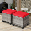 Two-piece patio rattan wicker ottomans with red removable cushions, ideal for outdoor use in garden or poolside.