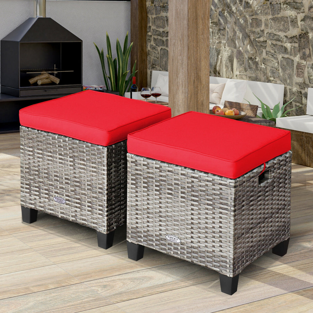 2PCS Patio Rattan Wicker Ottoman Seat with Removable Cushions-Red - Gallery View 1 of 12