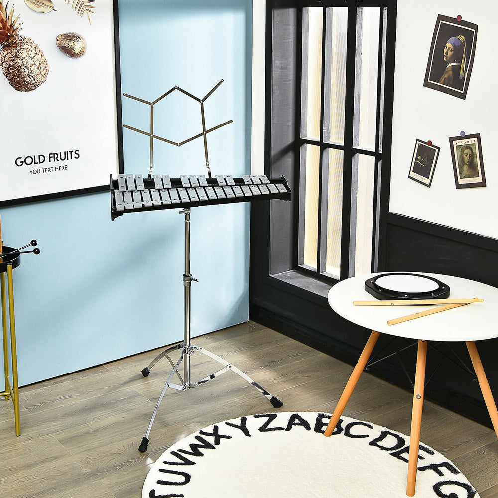 32-note glockenspiel xylophone with adjustable stand, perfect for indoor music sessions and performances.