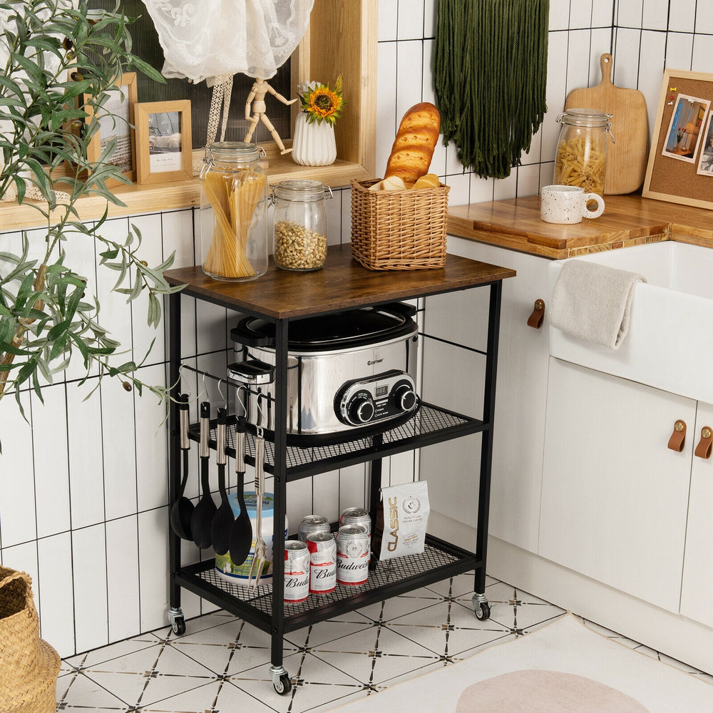 3-Tier Kitchen Serving Cart Utility Standing Microwave Rack with Hooks Brown - Gallery View 1 of 12