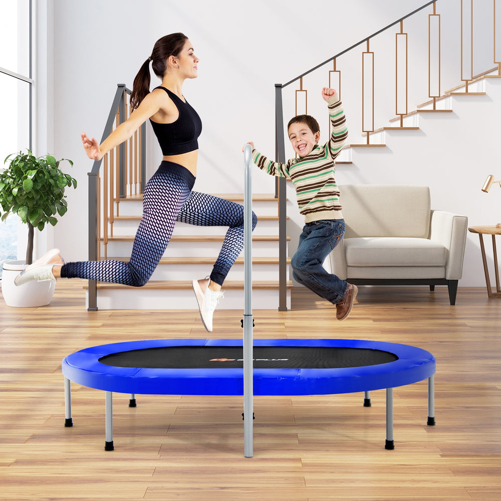 Blue foldable mini trampoline for kids and adults, featuring a sturdy frame and adjustable height, perfect for indoor.