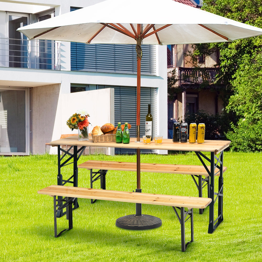 Outdoor wood folding picnic table with adjustable heights, featuring a spacious top and umbrella hole for sun.