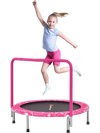 Kids trampoline mini rebounder in pink with full covered handrail, designed for indoor and outdoor fun.