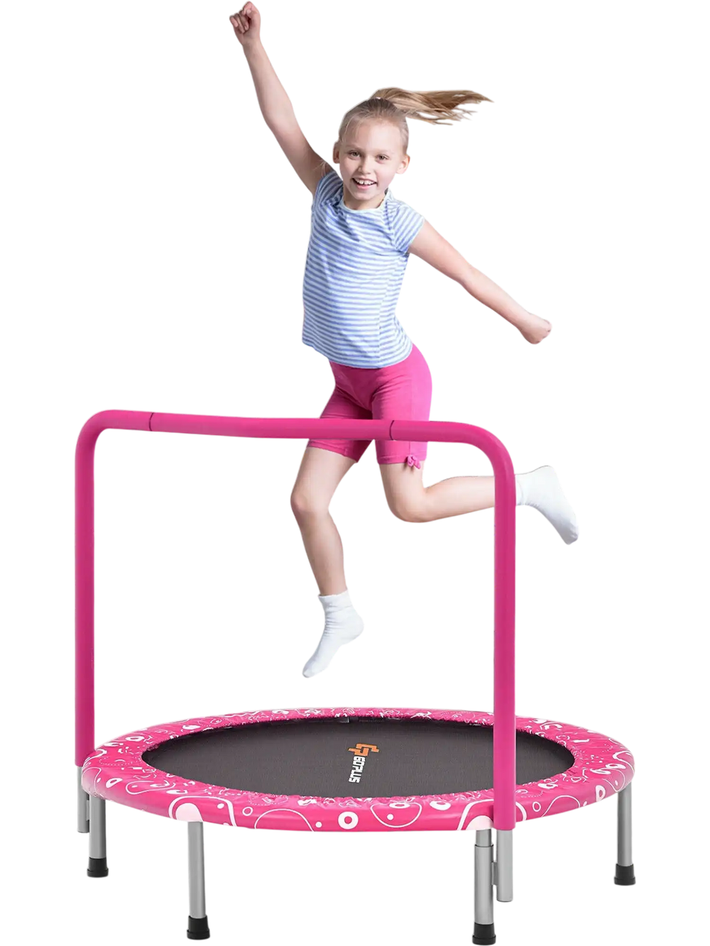 Kids trampoline mini rebounder in pink with full covered handrail, designed for indoor and outdoor fun.