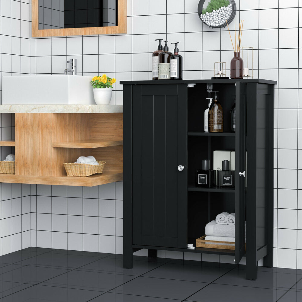 2-Door Bathroom Floor Storage Cabinet Space Saver Organizer-Black - Gallery View 1 of 12