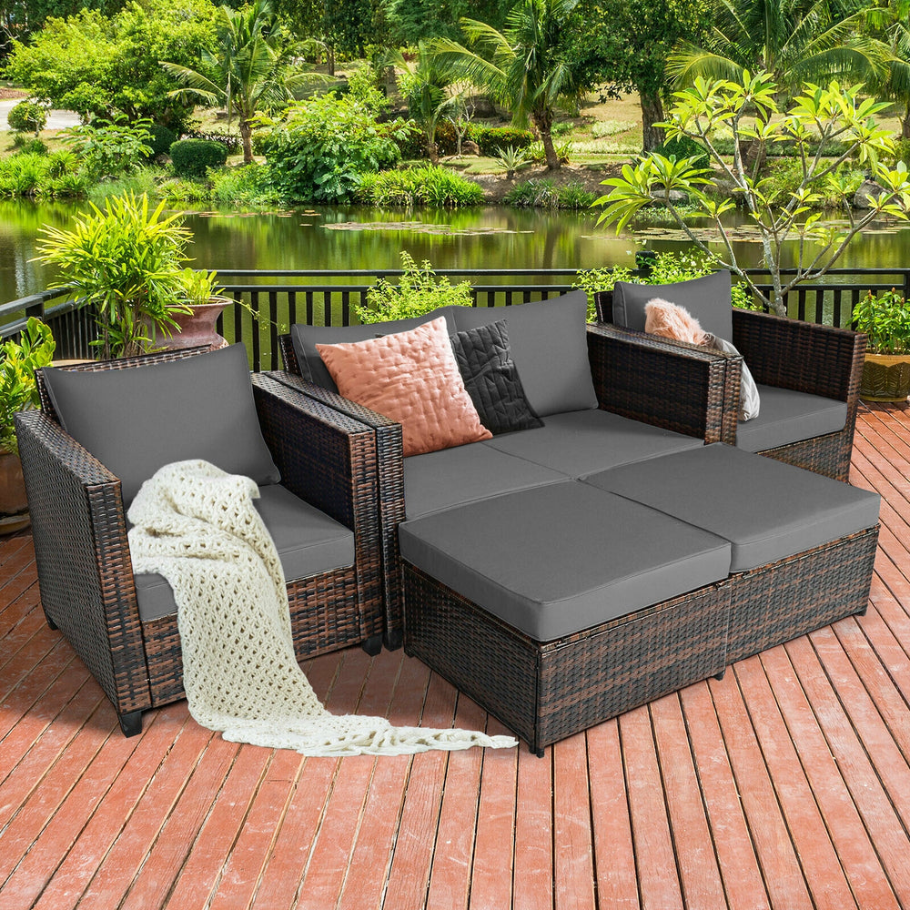 5 Pieces Patio Cushioned Rattan Furniture Set-Gray - Gallery View 1 of 12
