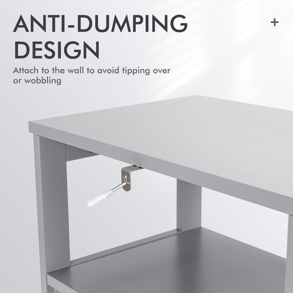 Close-up of the anti-dumping design of a gray bathroom wooden floor cabinet for added stability and safety.