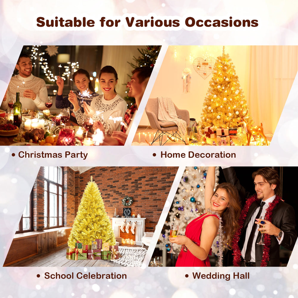 Champagne gold 6 ft artificial tinsel Christmas tree with realistic branch tips, ideal for home and office festive.