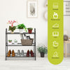 3-tier metal plant stand shelf displaying plants, shoes, and decorations, featuring a sturdy steel frame for indoor or.