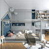 Gray kids platform floor bed with roof, sturdy wooden frame, ideal for toddlers to teens, featuring a playful design.