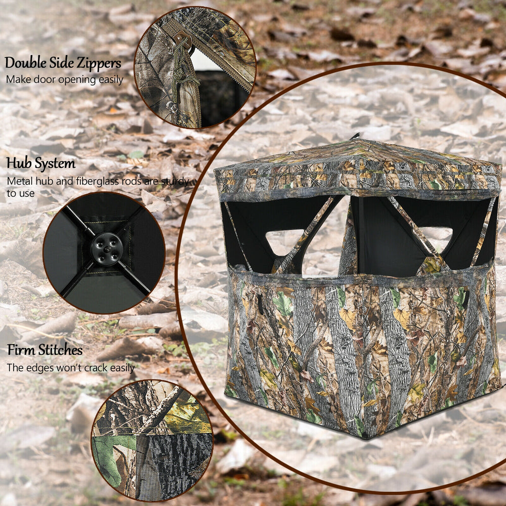 3 Person Portable Surround View Tent featuring camouflage design, multiple windows, and easy setup for outdoor use.