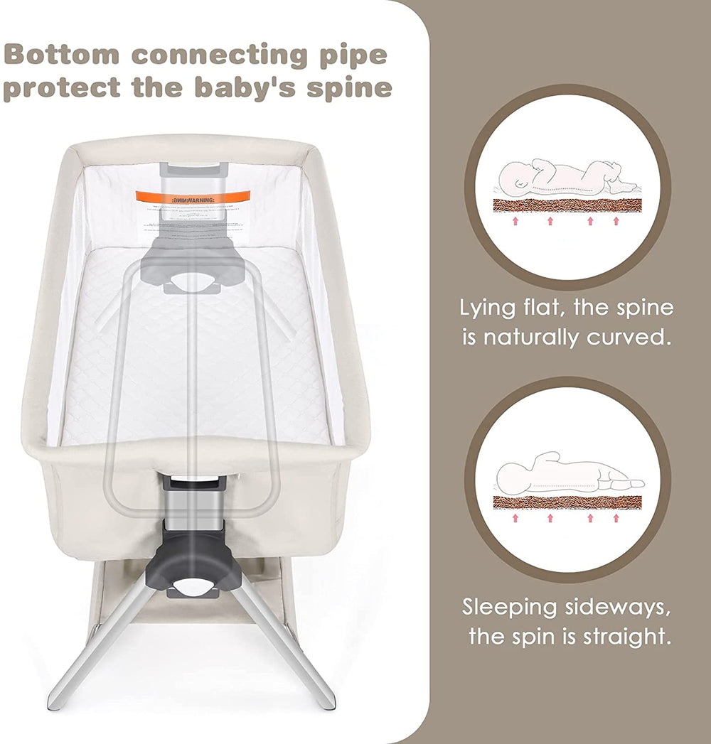 Portable baby bedside sleeper with adjustable height, angle, and protective spine support for comfortable sleep.