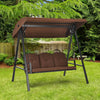 Outdoor 3-seat porch swing with adjustable canopy and soft cushions, perfect for backyard relaxation and comfort.