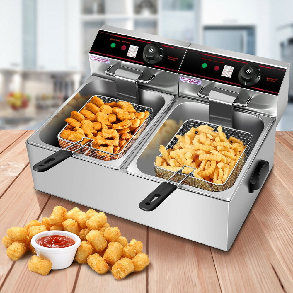 Dual tank electric countertop deep fryer with stainless-steel construction, featuring two baskets for versatile cooking.