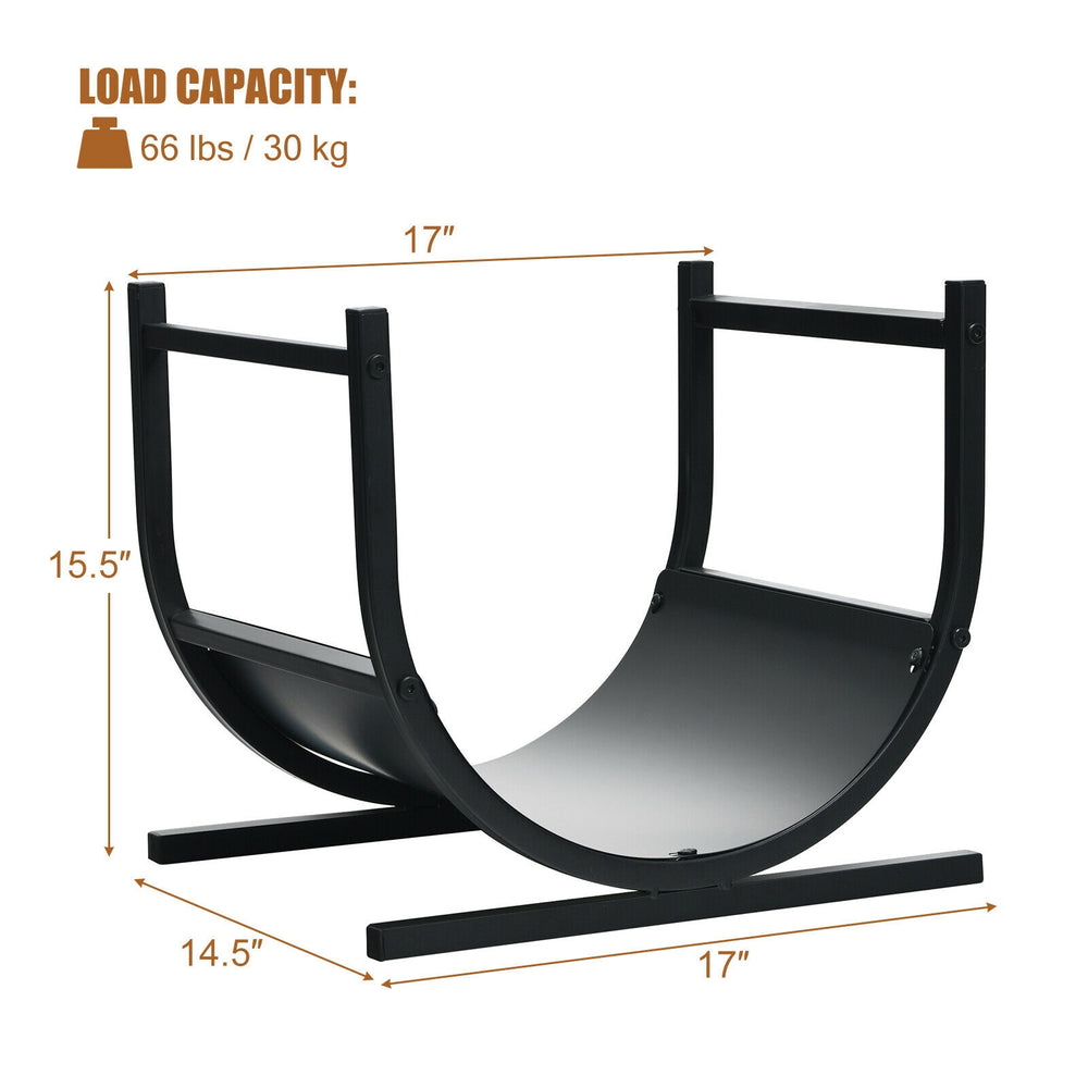 U-shaped firewood rack made of steel, measuring 17"x14.5"x15.5", with a load capacity of 66 lbs for indoor and outdoor.