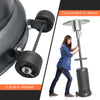 Close-up of the outdoor propane heater's built-in wheels, showcasing its convenient mobility for easy transport.