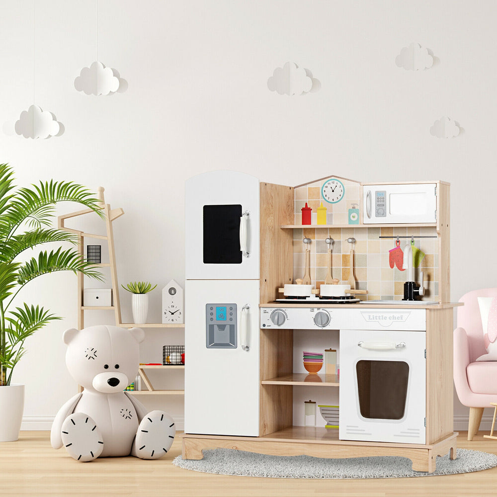 Wooden kids pretend kitchen playset showcasing a 180° rotatable faucet and ample storage for enhanced imaginative.