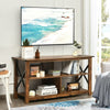 3-tier wood TV stand in brown with open shelves and X-shaped frame, perfect for living room or bedroom storage.
