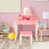Kids vanity dressing table set in pink with a 360-degree mirror, stool, and three storage drawers for makeup.