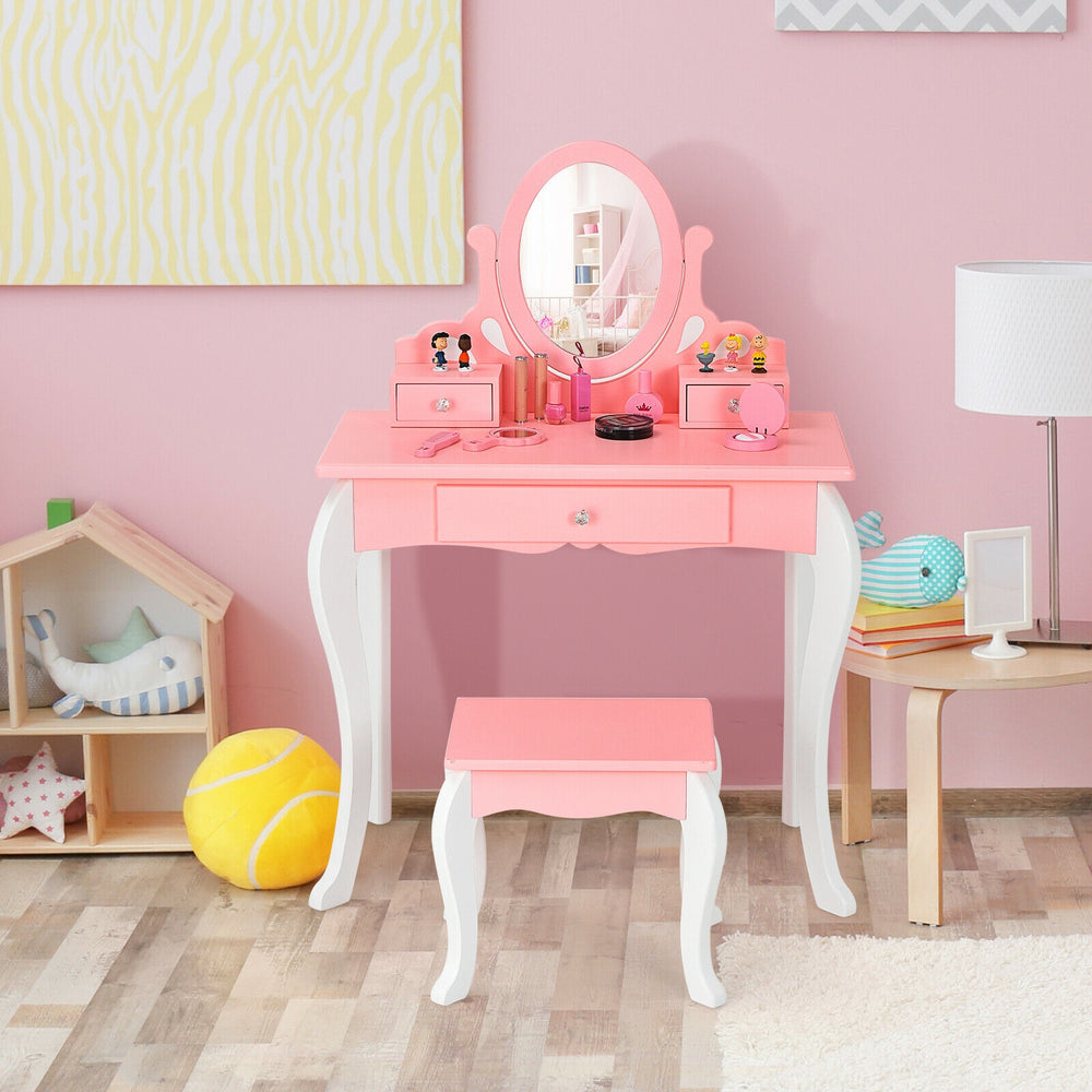 Kids vanity dressing table set in pink with a 360-degree mirror, stool, and three storage drawers for makeup.