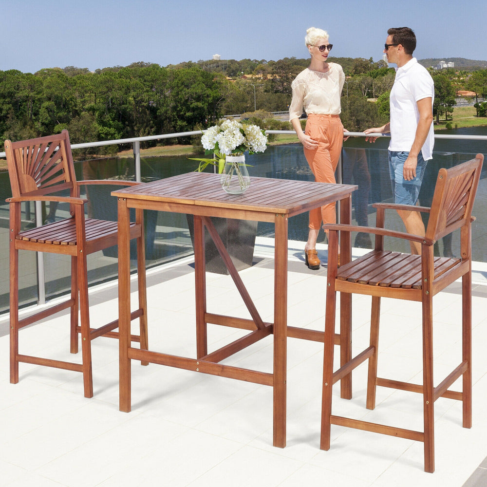 Two stylish acacia wood bar stools with sunflower patterned backrests, perfect for outdoor entertaining on patios or.